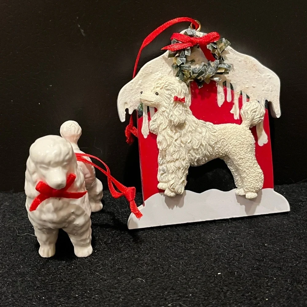 Vintage Holiday Poodle Ornament Set - Red and White